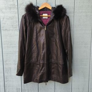 y2k 90s Anne Klein Lambskin Leather Jacket Fox Fur Trim Hood sz M/L Black
